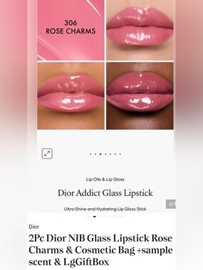 2Pc Dior NIB Glass Lipstick Rose Charms & Cosmetic Bag +sample scent & LgGiftBox